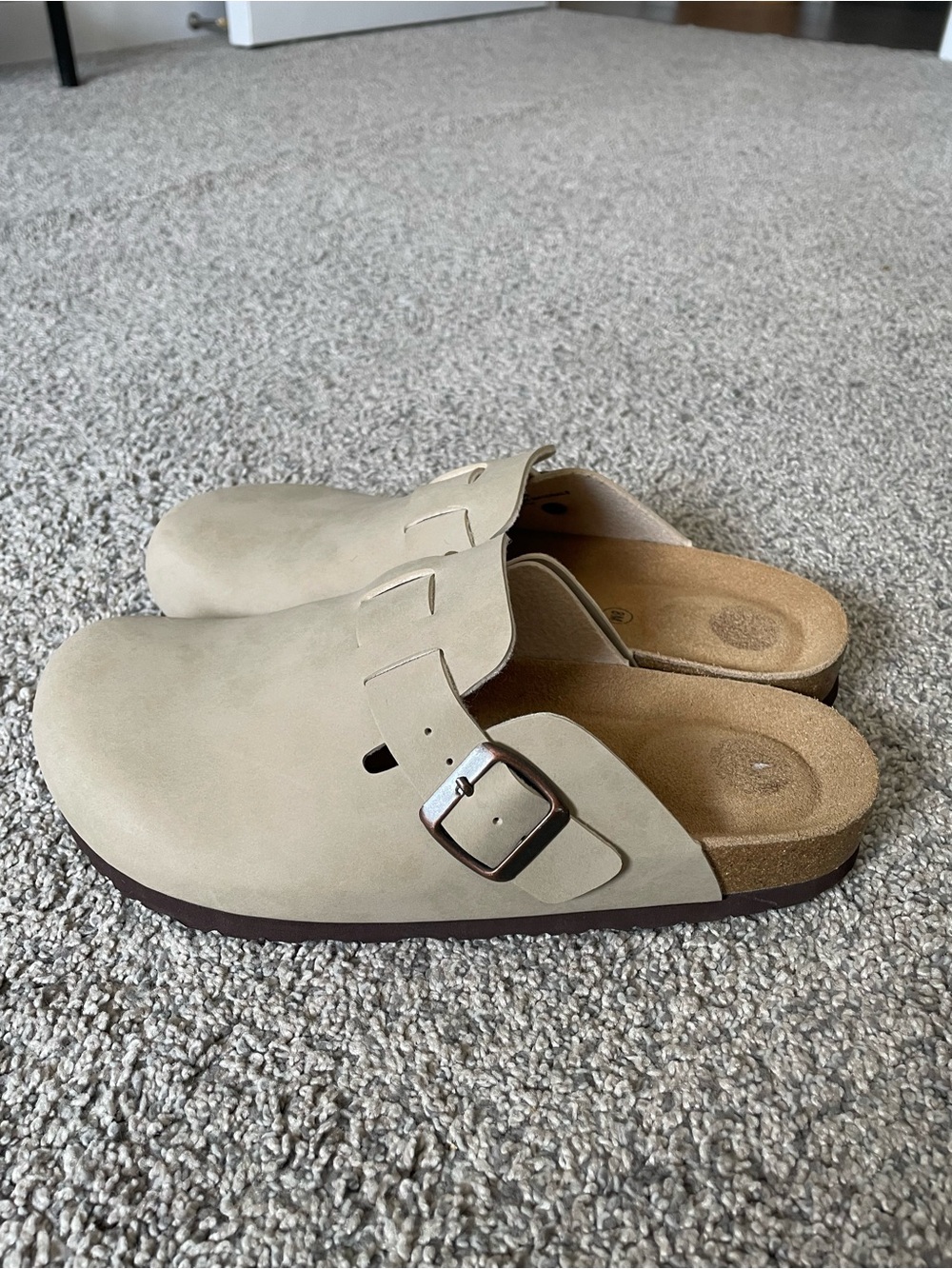 CUSHIONAIRE Hana Beige Suede Clogs with Buckle